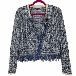 Caroll Paris Blue Knit Fringe Open Front Cardigan